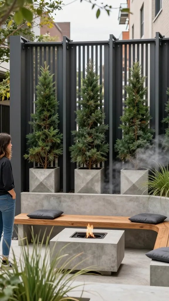 A modern freestanding privacy screen setup in an urban courtyard: dark aluminum panels with vertical slats, interspersed with tall, narrow evergreen trees planted in geometric concrete planters. In front, a concrete seating platform with a teak bench, charcoal cushions, and a concrete-fire pit host. Fresh potted ornamental grasses sway in a light breeze. The barrier height frames a cozy conversation area, and a slim, misty cloud of water from a discreet fountain hints at movement. A casually dressed 30-year-old woman is partially cropped on the left, hands in pockets, facing away.