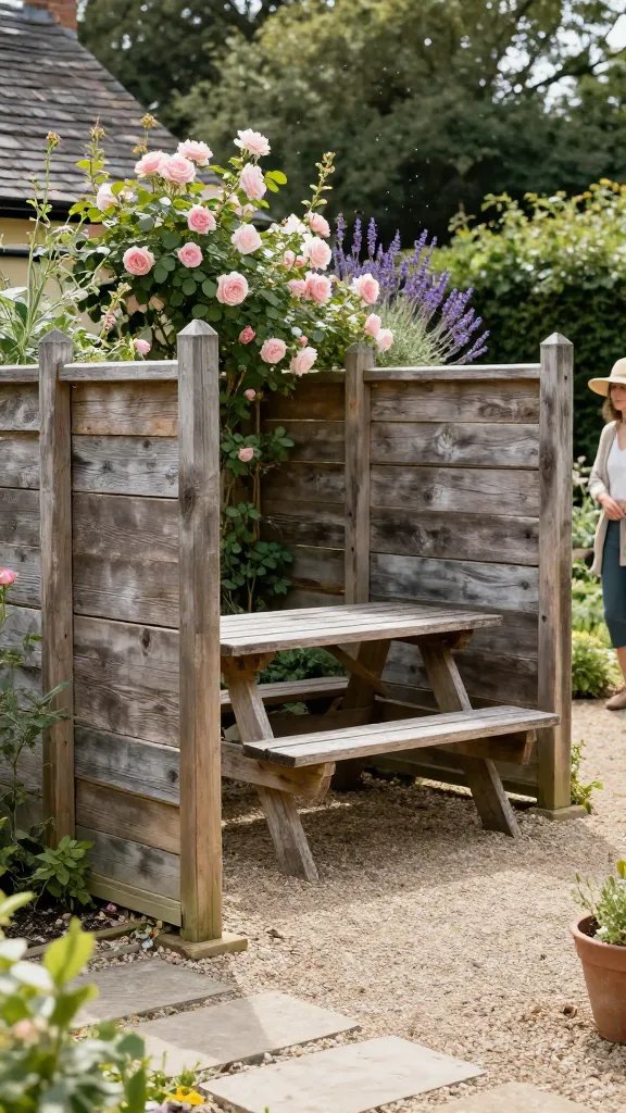 Rustic timber freestanding privacy panels forming a garden room: horizontal rough-sawn boards with 2x4 frames, set between sturdy cedar posts. Behind them, a cottage-style garden with climbing roses and lavender. A weathered, reclaimed wood picnic table with mismatched chairs sits on a gravel path. Sunlit dust motes float in the air, and a stone path curves gently around the corner. The panels are slightly uneven to emphasize handcrafted charm. A hidden figure of a woman stands off to the right, partially cropped, wearing a sunhat and light cardigan, looking toward the garden.