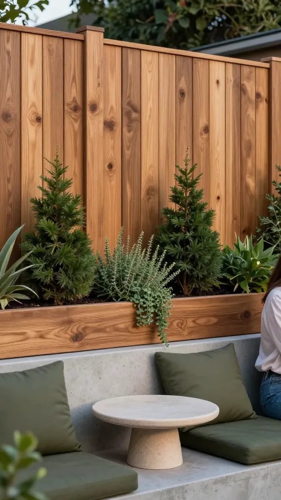 Panel-and-planter hybrid fence: a 6-foot-tall privacy wall composed of vertical fence boards with integrated wide planter boxes at the base filled with evergreen shrubs and trailing creeping thyme. In front, a low-profile concrete seating ledge with olive-green cushions and a ceramic table centerpiece. The planters create depth and texture, while the wall blocks street noise. Soft evening light highlights the wood grain and plant textures. A small, partially visible figure in a casual outfit leans on the planter edge, face out of frame, emphasizing the scene rather than the person.