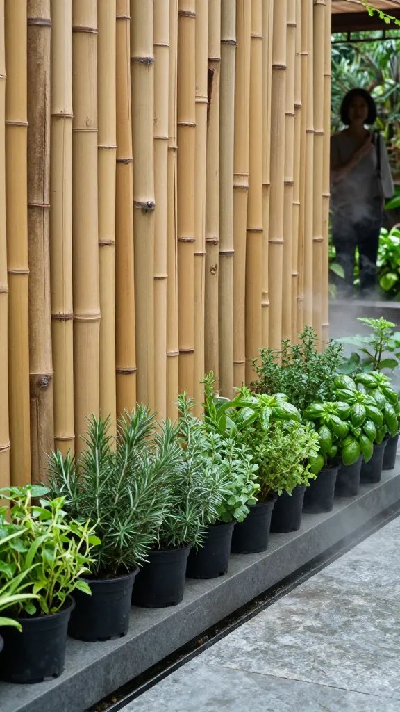 Bamboo privacy screen with a lush herb garden backdrop: natural bamboo poles tied into a freestanding panel, with a dense row of potted herbs (rosemary, thyme, basil) along the base on a slate-topped planter ledge. The ground is smooth stone, with a narrow water feature weaving behind the screen. Light mist from a subtle sprinkler gives a dewy look to the leaves. A 30-year-old woman stands behind the screen area, seen only in silhouette through the gaps, adding a sense of depth and privacy.