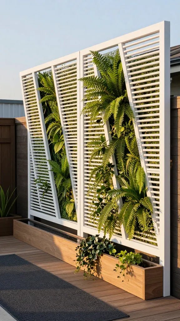 Louvered privacy screen with a secret-green wall: white-painted wooden louvers angled to block sightlines while allowing air flow, backed by a living wall of ferns and philodendrons climbing a trellis. In front, a slim timber deck with a charcoal rug, a low planter box filled with cascading ivy, and a slim water feature running along the base of the screen. Sunset light creates a warm glow with long shadows. A person is present but not the focus—only hands resting on the railing, fingers lightly tapping, with a short-sleeve blouse visible from behind.
