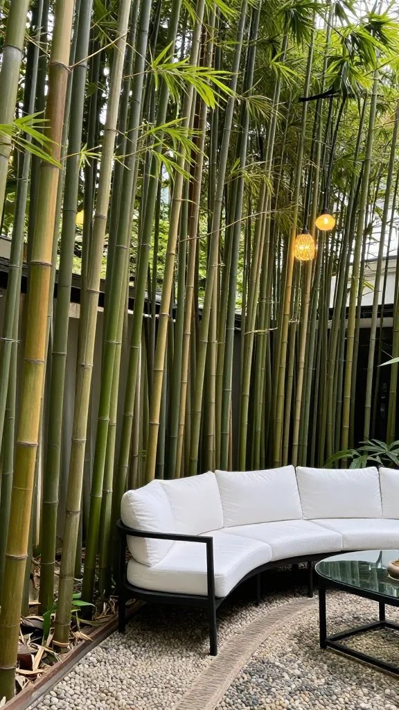 Lightweight stainless-steel panel fence integrated with a row of tall, slender bamboo stalks: the bamboo creates a soft, living barrier, while the metal panels offer modern contrast. The ground is finished with decorative pebbles and a narrow gravel strip. A white, curved outdoor sofa with crisp cushions sits alongside a small glass-top table, supported by a black metal frame. Overhead, a few pendants cast golden glints on the bamboo. A 30-year-old woman stands in the background, cropped to the torso, wearing a pale linen dress and a sun scarf, looking toward the seating area.