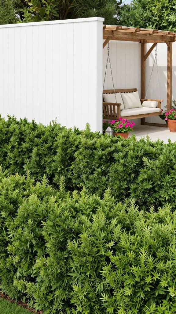 Painted picket and hedge hybrid: crisp white painted picket panels rising above a dense, low evergreen hedge, creating a tall, cheery barrier. In front, a wood-framed garden swing with pale cushions hangs from a freestanding pergola, surrounded by potted petunias and a small lantern line. The scene is a bright, midday garden with sharp color contrast between white panels and green hedge. The view includes a person off to the side, cropped at the shoulder, wearing a striped shirt, looking toward the hedge.