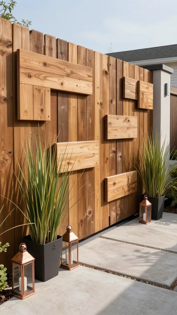 Contemporary sculptural fence with integrated planter boxes: sleek, rectangular panels in a matte charcoal finish, spaced with small gaps for airflow, flanked by tall, narrow planters containing ornamental grasses. The ground is a combination of smooth concrete and large stepping stones leading to a hidden gate. A line of copper lanterns sits on the ground along the fence base, catching the sun. A figure stands behind the barrier, partially visible, in profile, with a casual jacket, facing the garden path.