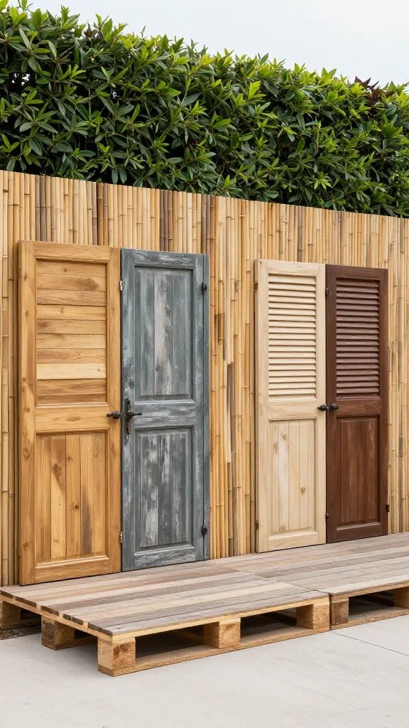 Stone veneer privacy wall with evergreen trellis accents: a solid, 4–5 foot stone veneer wall topped with a lattice trellis that supports climbing ivy. In front, a narrow water feature runs parallel to the barrier, with a row of slate stepping stones guiding the eye toward a rustic wooden gate. The setting is a tidy backyard with a small cedar bench and a cluster of potted hostas. The image captures early morning light glinting on the stone, and a person is present but not the focus—only a pair of hands resting on the bench, fingers lightly drumming, wearing a light cardigan.
