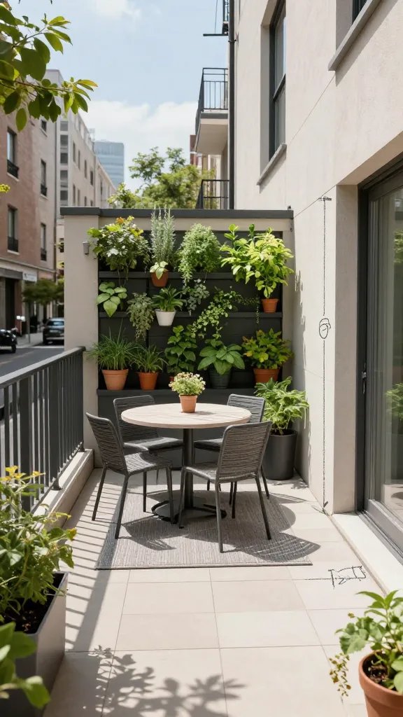 A sunlit, compact patio in a modern urban backyard, showing a tight L-shaped layout: a small square dining bistro set tucked near a railing with a potted herb wall, a slim outdoor rug, and a wall-mounted vertical garden. Include precise measurements drawn as soft chalk lines overlaid in the scene (e.g., “