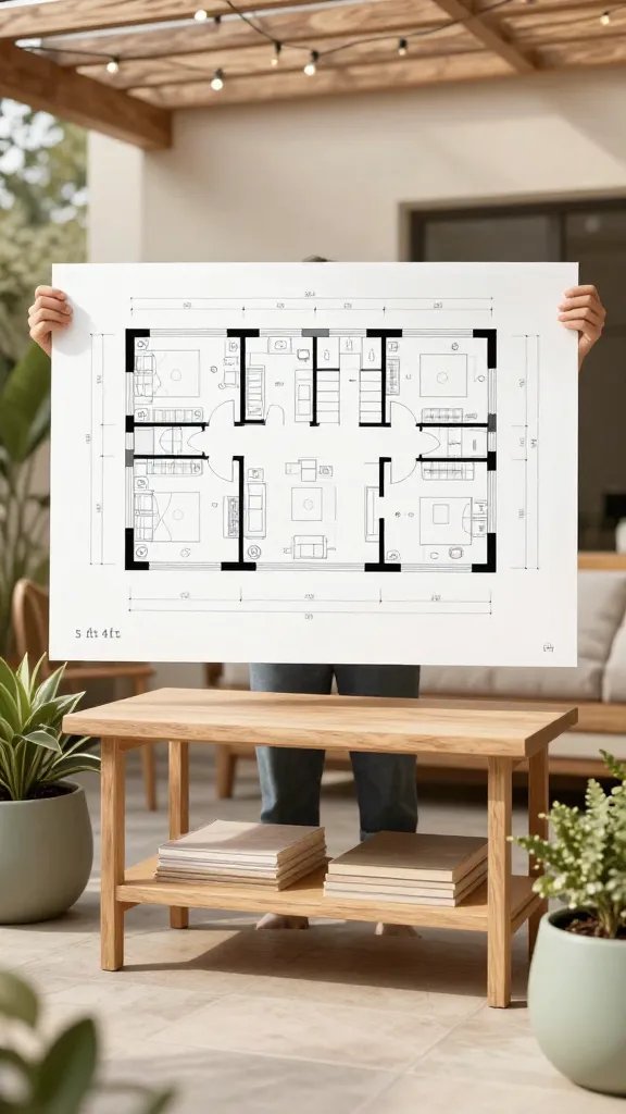 5 ft by 4 ft” footprint), a clearly visible floor plan sketch held by a person in the background but not the focus. Warm neutrals, natural timber furniture, and sage green planters; light streaming from an overhead pergola with subtle string lights. No visible people as primary subjects.