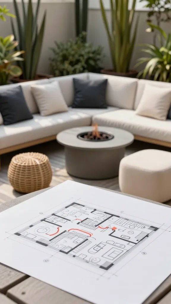 A close-up perspective of a tiny patio with a single compact sofa arrangement facing a compact fire pit table, surrounded by tall slender planters to create a sense of depth. Show a detailed floor plan cut from transparent tracing paper resting on the table, illustrating traffic flow around the seating. Textured cushions in charcoal and cream, a woven side table, and a modular ottoman that can convert into a coffee surface. The scene should feel airy, with soft sunlight and gentle shadows; no people.