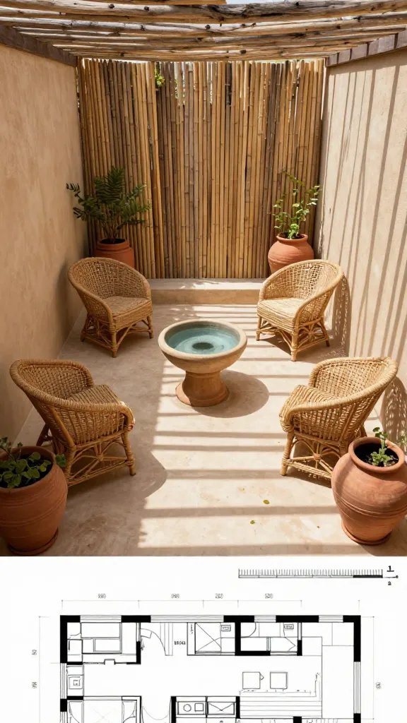 An overhead shot of a narrow patio showing a focal point created by a small water feature and a shadowed pergola. The seating is arranged to direct attention toward a focal point water bowl on a pedestal. Include a mini scale ruler and a folded paper floor plan in the frame to imply measurement-first planning. Rich materials: rattan chairs, a bamboo screen, and terracotta pots with trailing vines. Color palette of warm sand, driftwood, and muted terracotta; no people visible.