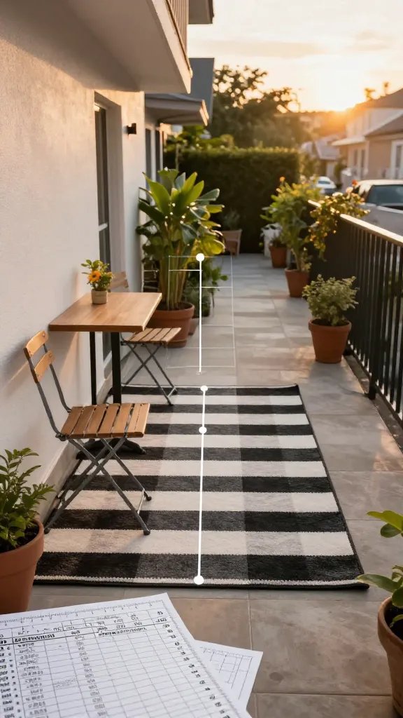 A wide-angle shot of a tiny patio at golden hour, illustrating thoughtful traffic flow: a slim console table against the wall with a folding chair tucked beside, a high-contrast black-and-white outdoor rug extending under the seating area, and a narrow pathway cleared with potted plants guiding movement. Place a transparent grid overlay on the image showing clearance zones for chair pulls. Include a partially visible, printed measurement cheat sheet in the foreground as if the photographer just finished planning. Warm, inviting tones; no people.