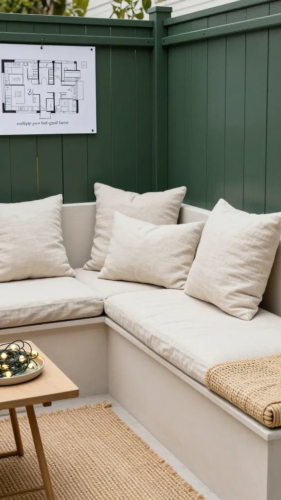 A studio-style shoot of a compact patio vignette with a built-in bench and modular cushions forming a cozy corner. The bench is angled to maximize perceived space, with a small side table holding a tray of unwound string lights. A subtle, hand-drawn floor plan sketch is pinned to a nearby fence, illustrating the “multiply your feel-good factor” concept. Focus on texture: weave of the bench, linen cushions, and a jute rug. Color palette: soft ivory, sand, and forest green; no people.