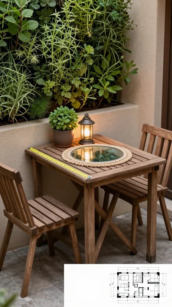 A detailed close-up of a tiny patio’s focal point arrangement: a compact dining nook with a two-seater wooden table, two slender chairs, and a vertical herb wall above. The angle emphasizes scale by including a measuring tape along the edge of the table and a mini blueprint overlay showing spacing for easy flow. Lighting from a nearby lantern and subtle reflections on a glass tabletop suggest evening usability. Rich textures: weathered wood, matte ceramic planters, and a braided edge placemat. No people.