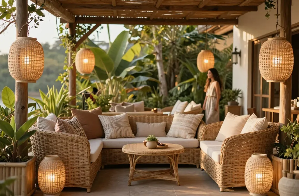 15 Diy Porch Ideas for with a Boho Vibe This Summer Using Rattan Lanterns, Bamboo Planter Boxess, and Outdoor Throw Pillows on Wicker Patio Furniture