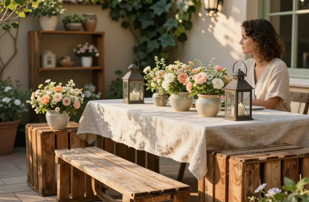 15 Diy Patio Ideas for Summer with a French Country Look Using Decorative Crates, Soft Florals, Vintage Ceramic 6.11'' Plant Pots, Iron Lanterns, and Linen Table Runners — Summer Chic Diy Patio