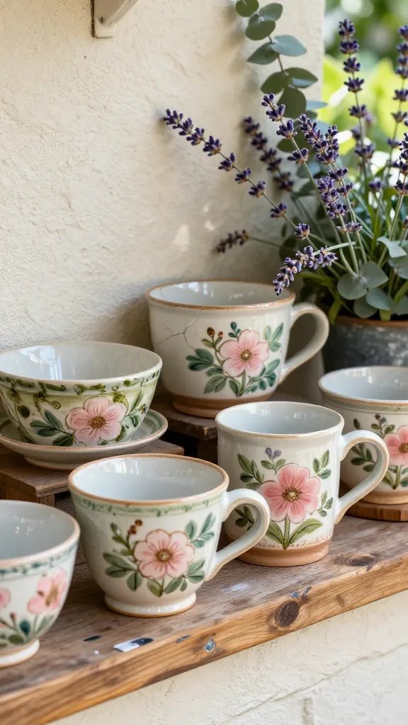 A close-up portrait-style shot of a DIY floral pottery vignette: vintage ceramic bowls and mugs repurposed as planters, each with hand-painted floral motifs in soft pinks and greens. Arrange on a distressed wood ledge along a stucco wall, with lavender sprigs and eucalyptus spilling over the rims. Capture gentle natural light casting soft shadows, emphasizing texture: glaze cracks, brush strokes, and mossy patina. Include a hint of spray-painted thrift finds in the foreground, and a blurred backdrop of cottage garden overflow.