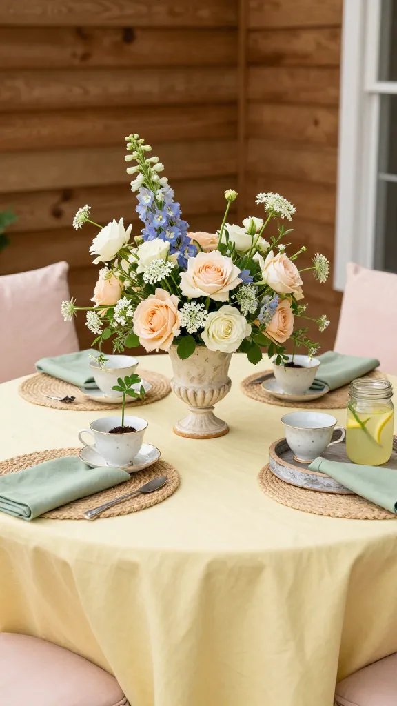 An airy patio table scene featuring a central centerpiece vase made from an old ceramic jardinière filled with a bouquet of cottagecore florals (roses, delphiniums, and Queen Anne’s lace). Surround with small vintage teacups repurposed as miniature planters, each with a single stem. Use a buttercream-yellow tablecloth with sage-green napkins and blush-pink cushions on nearby chairs. Add a woven jute placemat and a chalk-painted wooden tray displaying a mason jar of lemonade. The scene should feel welcoming and sunlit, with warm wood tones and soft, pastel harmonies.