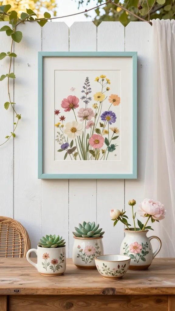 A mid-scene composition highlighting a DIY spray-painted thrifted frame turned art piece hung on a whitewashed fence, featuring pressed flowers and delicate pastel hues. In the foreground, a rustic wooden table holds a display of three to four floral pottery pieces (mugs, bowls, and jardinières) arranged at varying heights with small succulents and peonies. The color story sticks to three main colors with two accent hues, and the scene includes a soft, sun-warmed background of vines and a wicker chair. Subtle movement suggested by a light breeze on a sheer curtain at the side.