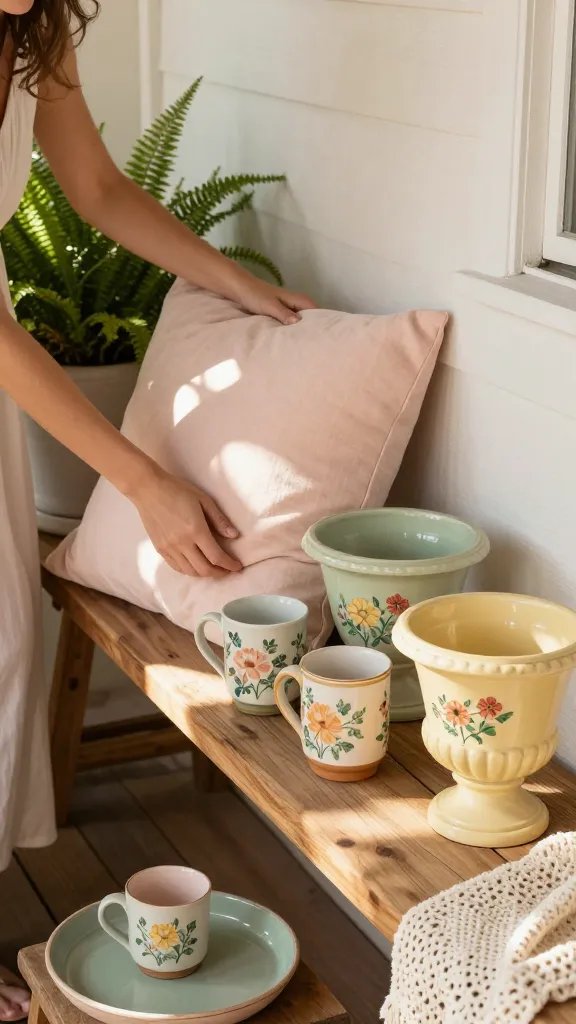 A lifestyle shot of a relaxing patio nook where a 30-year-old woman (not the focus) is gently adjusting a throw pillow and sunlight plays across a trio of floral pottery planters—hand-painted mugs, vintage bowls, and a jardinière—placed along a driftwood shelf. The palette centers soft blush pinks, sage greens, and buttercream yellows with warm wood tones. Include small details: a spritz of chalk paint on a thrifted tray, a crochet throw, and a potted fern. Compose the scene to feel spontaneous and welcoming, with a cottagecore mood and a calm, sun-drenched ambiance.