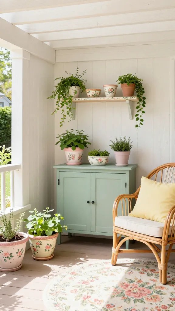 A wide-angle shot of a cozy corner created by thrifted finds: a chalk-painted cabinet repurposed as a plant stand, a hand-painted ceramic shelf, and a set of mismatched vintage planters in floral patterns. Soft pastel palette of blush pink, sage green, and buttercream yellow integrated through cushions, a throw, and painted accents on the furniture. Include potted herbs and trailing vines cascading down, with sunlight filtering through sheer curtains and a nearby floral rug tying the space together. The shot emphasizes cottagecore charm, texture, and a lived-in glow.