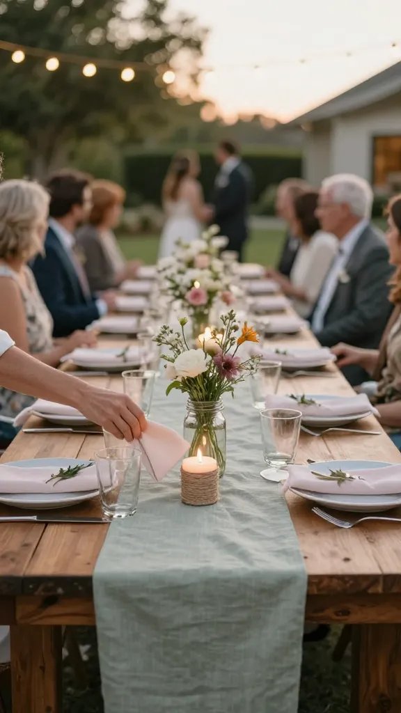 A backyard wedding reception at sunset with a 2-3 color palette (sage green, blush pink, ivory): long rustic wooden harvest tables topped with simple linen runners, mason jar centerpieces with wildflowers, twine-wrapped candles, and string lights overhead. Photographed from a low angle to emphasize the table textures and warm light, a guest’s hands placing a napkin, while guests are softly out of focus in the background and the couple remains out of focus at the far end.
