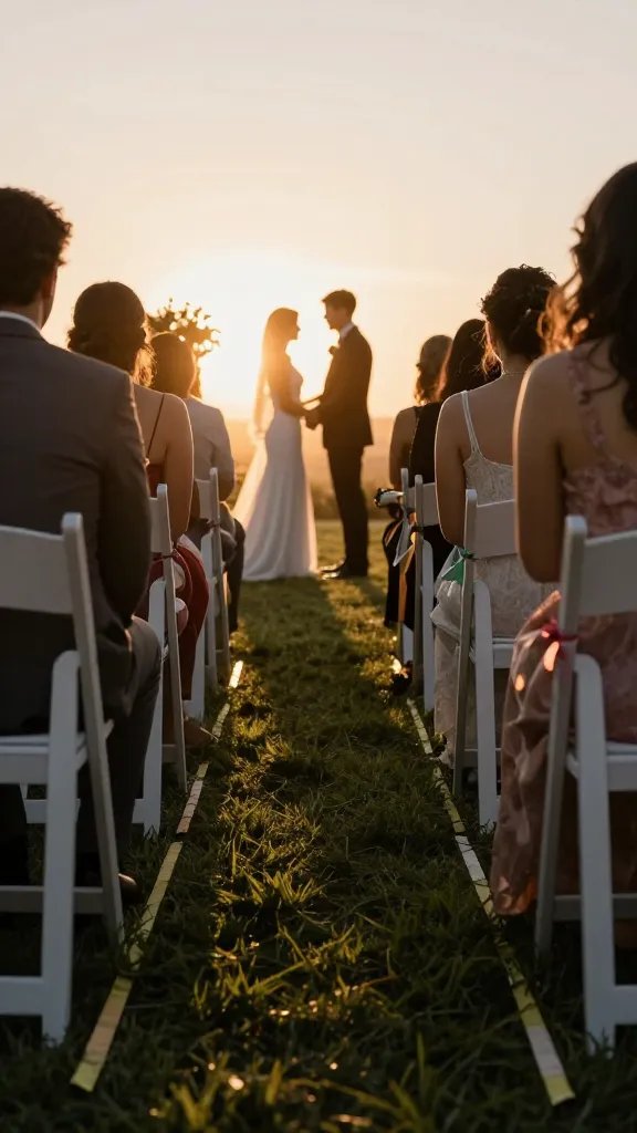 An off-peak-time sunset ceremony from behind a guest row: soft sand-colored chairs on a lawn, each with a simple ribbon tie in two colors, and a narrow aisle outlined by painter’s tape stakes. The camera is just behind the last row, capturing the couple at the altar with the sun low in the background, creating a halo effect around the couple; guests’ silhouettes and hands visible, but the couple remains softly blurred to keep them as the focal point of the scene.