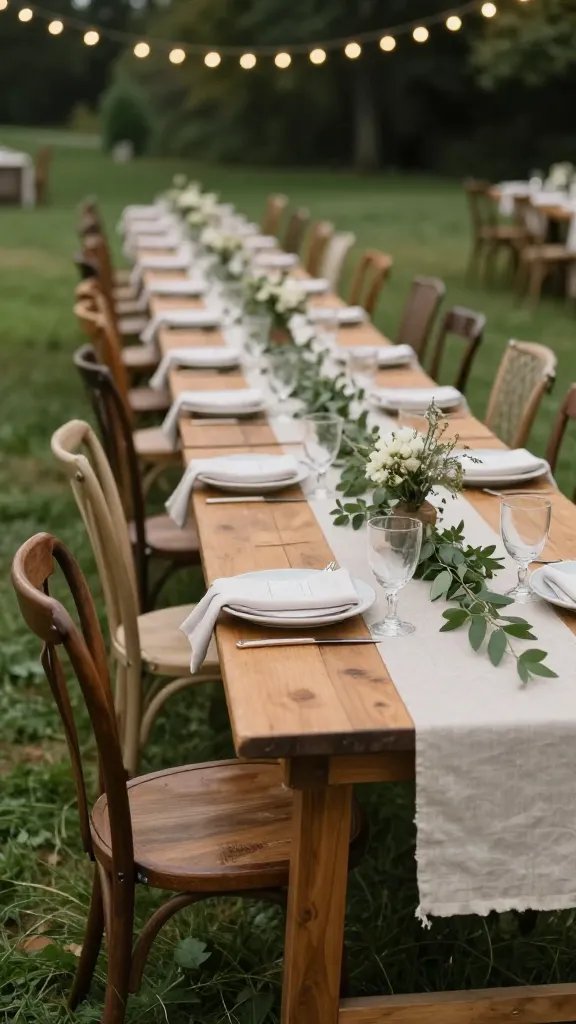 A field-to-table reception setup: long wooden tables set in a line on a grassy field, with mismatched vintage chairs, simple linen runners, and runners of greenery along the table center. The image is a wide shot from the side, emphasizing the progression of tables toward a vanishing point, warm bokeh lights above, and a close-up detail of a single place setting (napkin, plate, and a small bouquet) in the foreground; no people as the main subject.