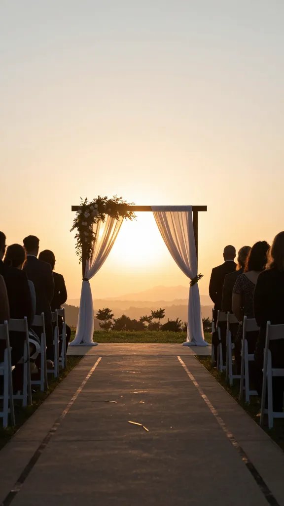 A dramatic, simple ceremony aisle at dusk: the aisle marked by dark-tape lines and stakes, leading to a minimal arch draped with fabric and greenery, with the sun setting directly behind the arch to create a silhouette effect. The perspective is eye-level along the aisle, capturing the arch framing the distant couple, while guests are blurred, and the focus remains on the clean lines, textures, and natural backlight.