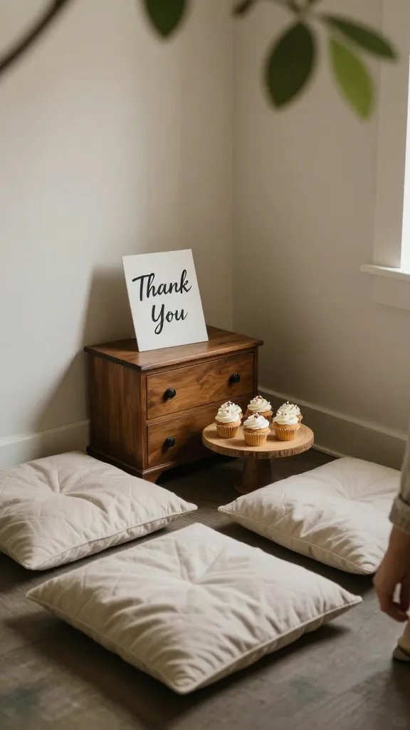 An intimate, low-profile reception corner: a shaded, cozy nook created with a few floor cushions, a small chest of drawers repurposed as a cake stand, a simple cake or cupcakes on a wooden slab, and a hand-written “Thank You” sign. The image is captured from a side angle at table height, focusing on the textures of wood, fabric, and frosting details, with soft natural light filtering through leaves; a small portion of a guest’s hand and sleeve appears in the frame, but the scene remains focused on decor and ambiance, not the person.