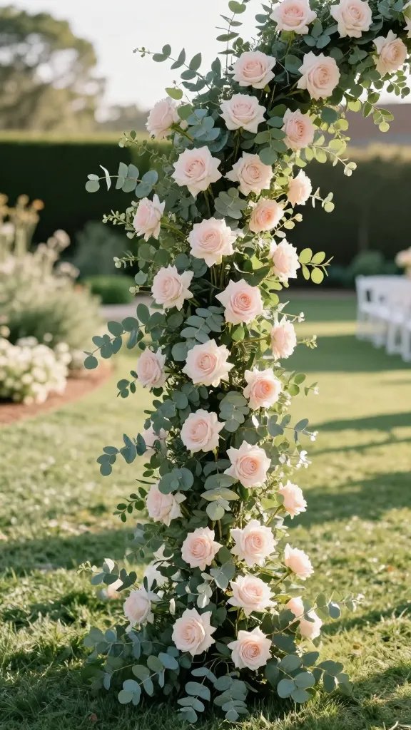 A sunlit wedding arch decorated with Dimensional Blooms: layers of eucalyptus garland as the base with varying heights of faux blush-petal blooms tucked in, photographed in golden hour on a manicured garden lawn. Close-up on the multi-level textures of petals against the greenery, with soft bokeh in the background and a distant white garden aisle. Include subtle natural light shadows and a clean, neutral backdrop to emphasize the colors and depth.