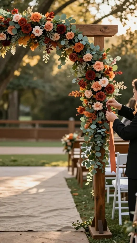 Weather-proof glam arch in a rustic venue: a wooden framework arch wrapped with faux blooms, eucalyptus garland, and hints of terracotta-toned accents for fall. Shoot at golden hour with warm sunlight filtering through trees, showing the arch standing beside a linen-draped ceremony aisle and a softly blurred lines of pews in the background; include a shallow depth-of-field portrait of a guest’s hands tying a ribbon on the floral arrangement.