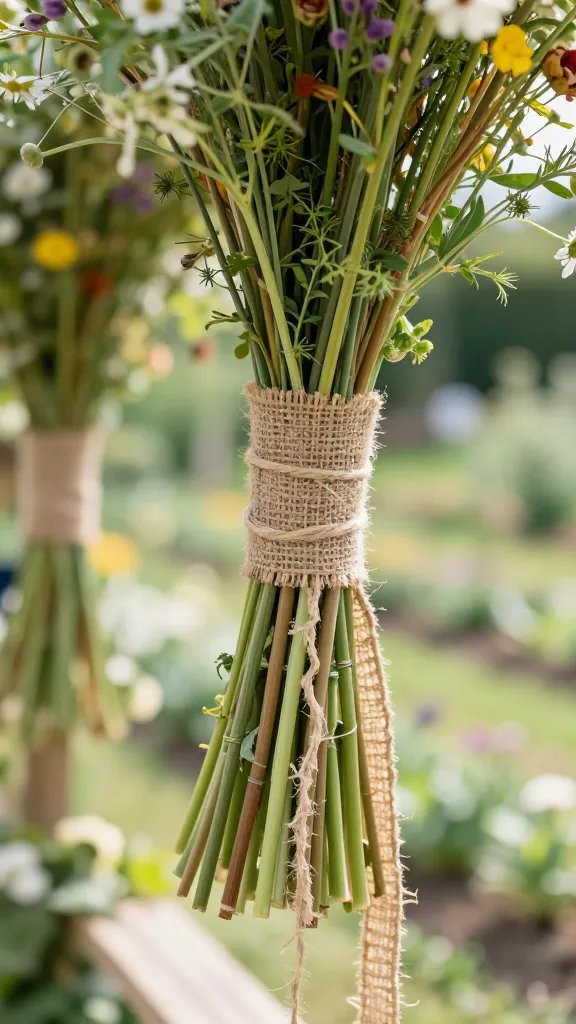 Close-up of ribbon-tied stems: a detailed shot focusing on the underside of the Wildflower Meadow Arch where stems peek out from beneath a rustic twine ribbon. Capture the texture of burlap-and-tlining wraps, tiny greenery accents, and the way the ribbon catches light, with the arch softly fading into an out-of-focus garden backdrop.