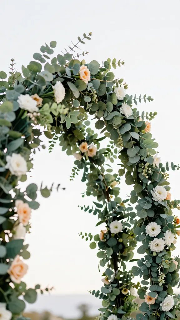 Arch as a canopy with layered dimension: long eucalyptus garlands forming a curved arch, with faux blooms tucked at varying heights to create depth. Photograph from slightly beneath the arch looking up, showing the layered flowers against a bright sky, while the greens and petals frame the top of the image and the lower edges are softly shaded.