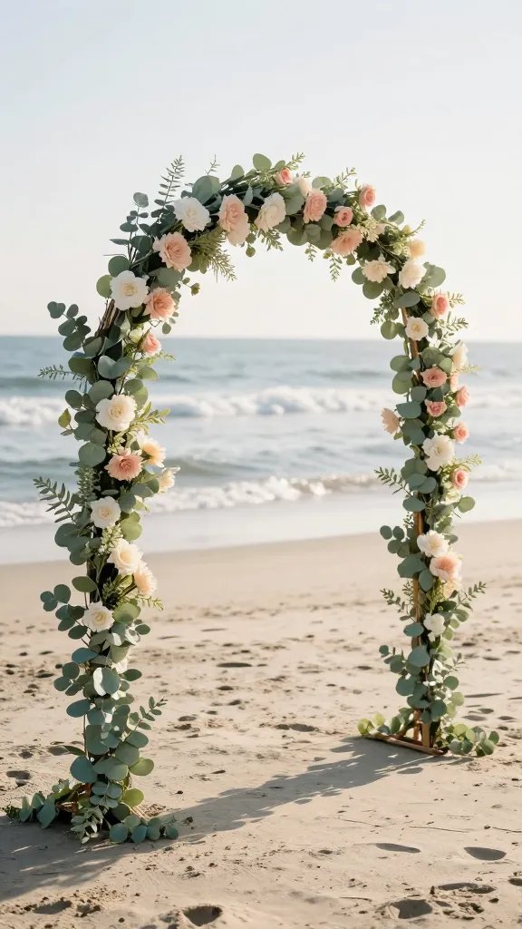 Natural, understated arch in a beachy setting: a simple, elegant backdrop using a eucalyptus base and minimal faux blooms in muted blush and ivory tones. Shoot during early morning light with gentle waves in the distance, capturing the arch from a side angle so the petals and garland cast delicate shadows on the sand, with a hint of reflected light on the petals.