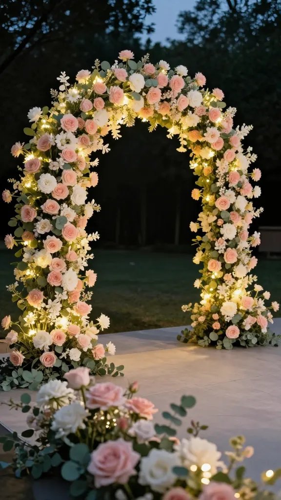 Seasonal color story on the arch: blush-toned florals arranged in a layered, dimensional pattern against a eucalyptus base, photographed in a studio-style outdoor setup with diffused natural light. Capture both a wide view of the entire arch and a tight macro on a cluster of petals to highlight texture, color gradation, and the subtle sheen of faux blooms.