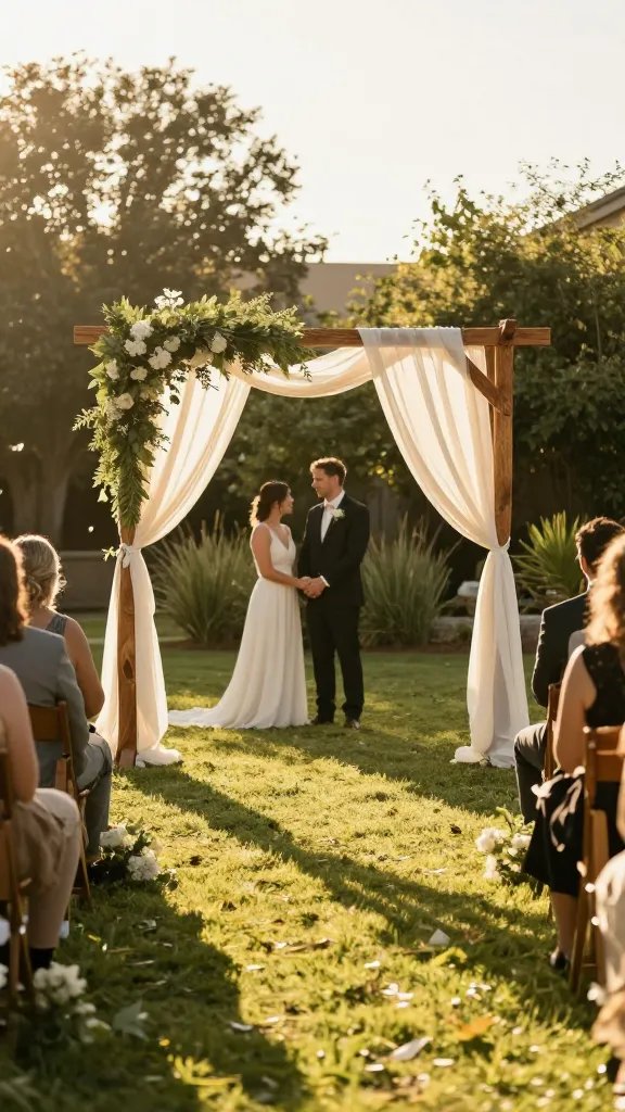 A sunlit outdoor ceremony setup in a park at golden hour: a simple, budget-friendly ceremony aisle marked with painter’s tape and stakes, soft pastel bunting along the aisle, a lightweight DIY arch made from reclaimed wood and fabric drapes, and a small, understated backdrop of greenery. The couple stands in the distance, with the focus on the aisle lines, the arch, and the surrounding foliage; the couple is softly blurred in the background, hands joined, while a warm, amber glow washes over the scene.