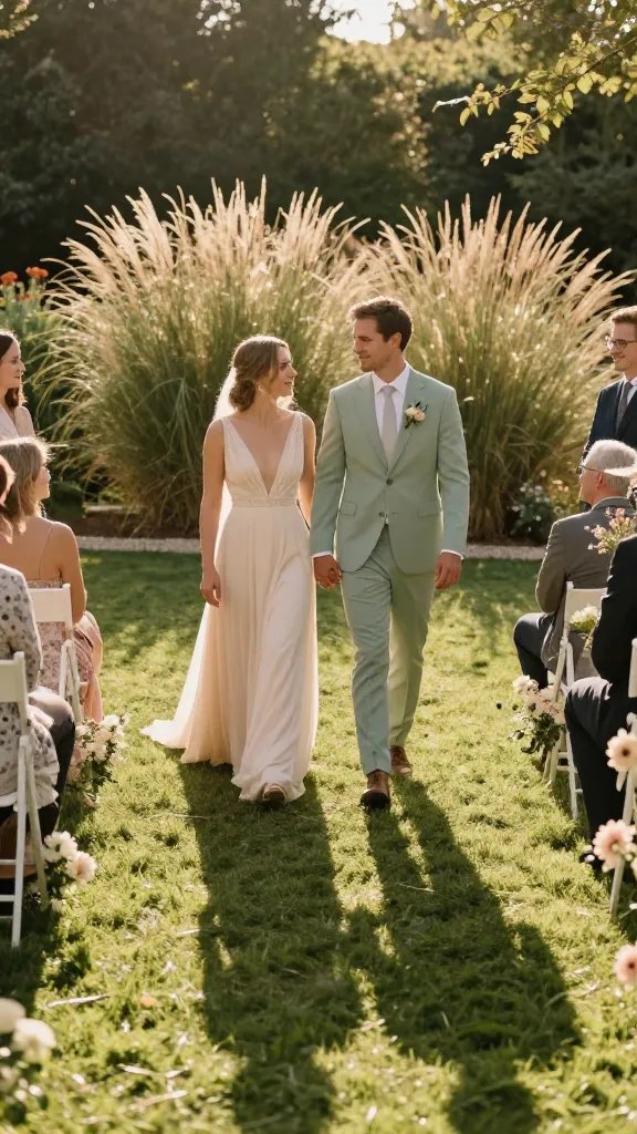 Golden-hour portrait vignette of a bride and groom in a meadow: the couple walking along a narrow grassy aisle lined with taped ground markers for the ceremony, a simple two-tone color story of light peach and sage, and a backdrop of tall grasses and wildflowers. The photographer focuses on long shadows, the texture of the tape lines, and the couple’s figures in soft backlight; no single person dominates the frame, hands gently intertwined, with the surrounding natural light creating a halo.