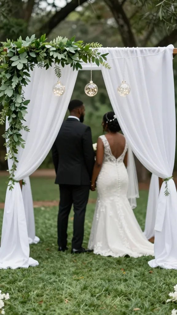 A turf-and-field DIY arch backdrop: a lightweight arch frame draped with white fabric and greenery, accented with a couple of hanging glass globes filled with fairy lights. The camera is at ceremony level, capturing the arch in full frame with a couple standing just behind the arch under the canopy, the focus on the fabric folds and leaf textures; the couple is just barely visible through the fabric as a silhouette.