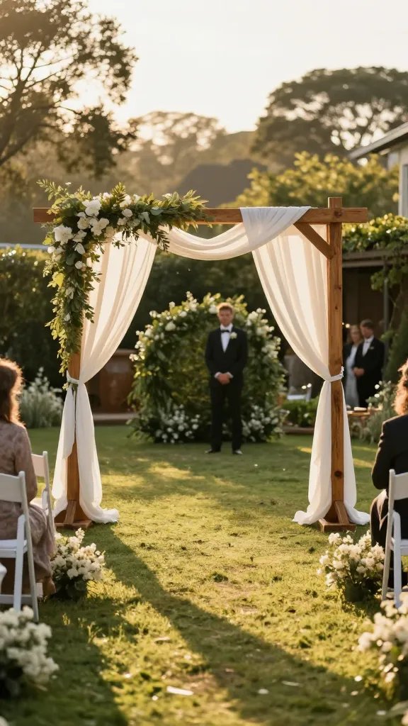 A DIY greenery backdrop with soft lighting: a semi-transparent sheer fabric backdrop pinned to a lightweight frame, interwoven with garlands of eucalyptus and ferns, accented by a row of votive candles in glass containers on a low wooden ledge. The shot is a close-up from slightly below eye level, emphasizing the texture of the fabric, the transparency of the greenery layers, and the warm candle glow; no people in the frame.