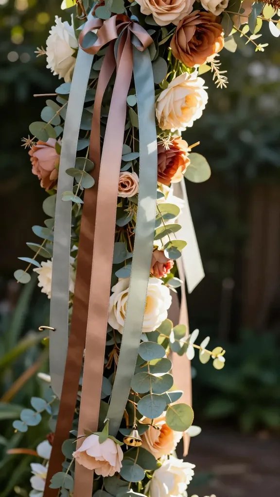 Dimensional Blooms from a distance and up close: close-up shot of layered faux flowers integrated into eucalyptus garland, showing petals at varying heights and angles for depth. The arch backdrop is in a shaded garden corner, with selective focus on the petal edges catching sunlight, and a soft, airy atmosphere created by partial backlighting.