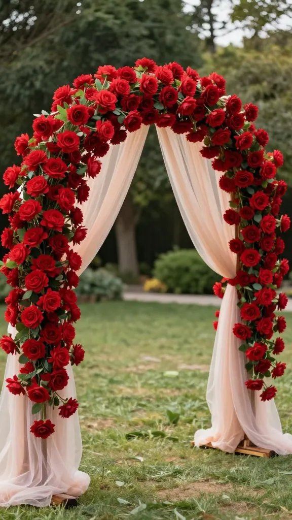 Architectural contrast: a modern, minimal arch with a dense layer of faux blooms concentrated at the center, tapering outward toward the sides. Photograph with a clean white backdrop (indoors or a bright wall), using a tripod to keep the arch perfectly vertical, and shoot from a slightly lower angle to emphasize height and dimension; include a macro shot of a single bloom’s petal texture to showcase realism.
