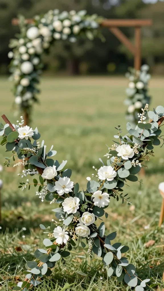 Textural macro study within a Meadow Arch: focus tightly on the intersection where two garlands meet and a cluster of faux petals sits between them. Show the interplay of eucalyptus leaves, silk-like petals, and subtle shadows from natural light. Include a wide shot of the full arch in the background to establish context, with a shallow depth of field ensuring the central cluster is razor sharp.