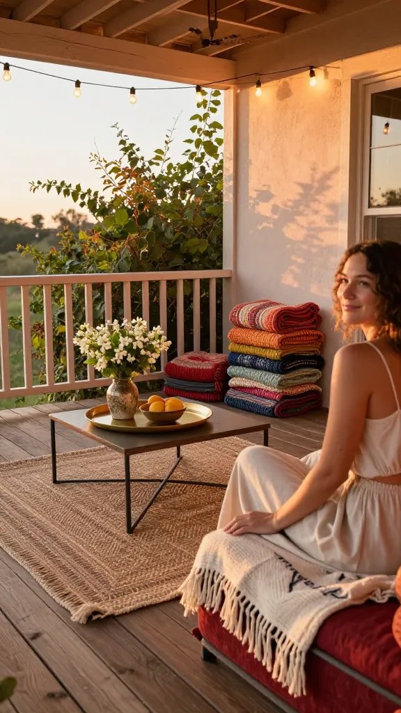 A sun-drenched back porch transformed into a bohemian escape: weathered wooden planks as the floor, strings of warm incandescent bulbs arc overhead like planets, a low metal coffee table with a brass tray holding a vase of jasmine and a small bowl of citrus, a woven rug underfoot, and a stack of colorful knitted throws piled invitingly. Soft peachy evening light filters through leafy vines on the railing; a partially cropped 30-year-old woman sits at the edge of the frame, her back to the camera, smiling slightly, hands resting on a fringe-edged throw, the focus on textures and mood rather than her face.