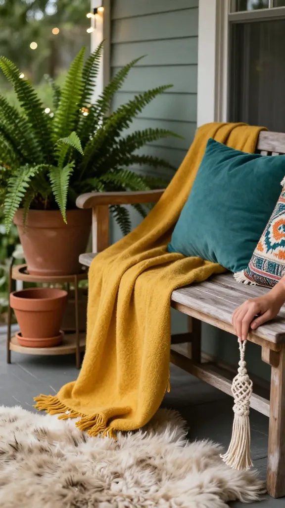 Close-up scene of a porch corner: a rustic wooden bench draped with layered textiles—a large mustard throw, a teal cushion, and a fringed tapestry—beside a potted fern and a low plant stand with terracotta pots. Warm string lights create bokeh in the background; a sheepskin rug anchors the seating, and a hand (not the main focus) rests on a macrame lamp cord, emphasizing craft and coziness.