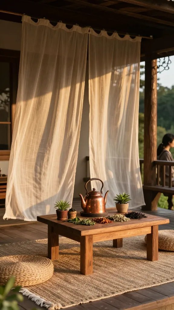 A wide shot of front-row porch seating: low wooden table with a copper teapot, tiny planters, and a spread of herbal tea ingredients, a woven rug underneath, and a canopy of sheer curtains billowing slightly in a gentle breeze. The scene is lit by the last golden hour sun; a partially cropped 30-year-old woman’s silhouette appears in the background, adding life without drawing attention away from the textiles and textures.