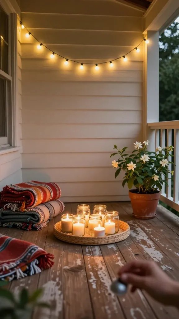 An intimate night-light vignette: string lights hung in a zigzag pattern across a semicircular porch, a ring of jars with tea candles on a woven tray, a pile of colorful throws nearby, and a potted jasmine plant releasing scent implied by the soft glow. The wooden floor shows wear that adds character; a blurred, partially visible hand reaches for a candle snuffer, keeping the focus on ambiance and the boho palette of cream, terracotta, and sage.