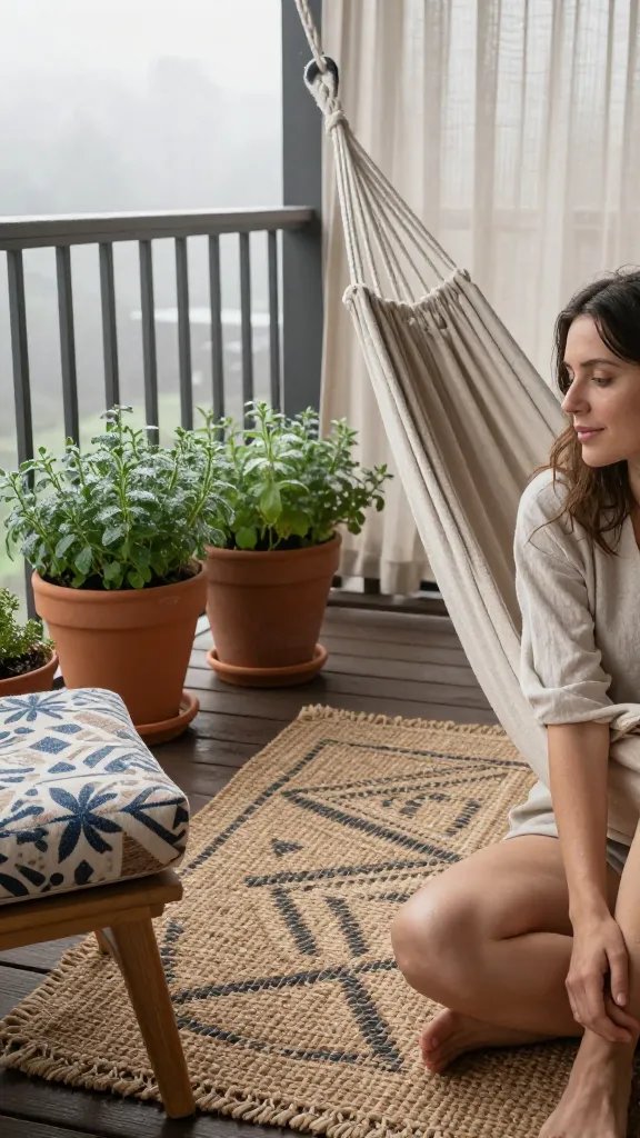 A morning-mreeze deck scene: dewy potted herbs in clay pots along the railing, a linen-draped hammock chair swaying gently, a jute rug with a geometric pattern, and a low chair with a patterned cushion. Light streams through sheer curtains; a casually cropped 30-year-old woman sits at the edge of the frame, feet tucked under the rug, eyes downward in a candid moment of contentment, highlighting texture and color over facial features.