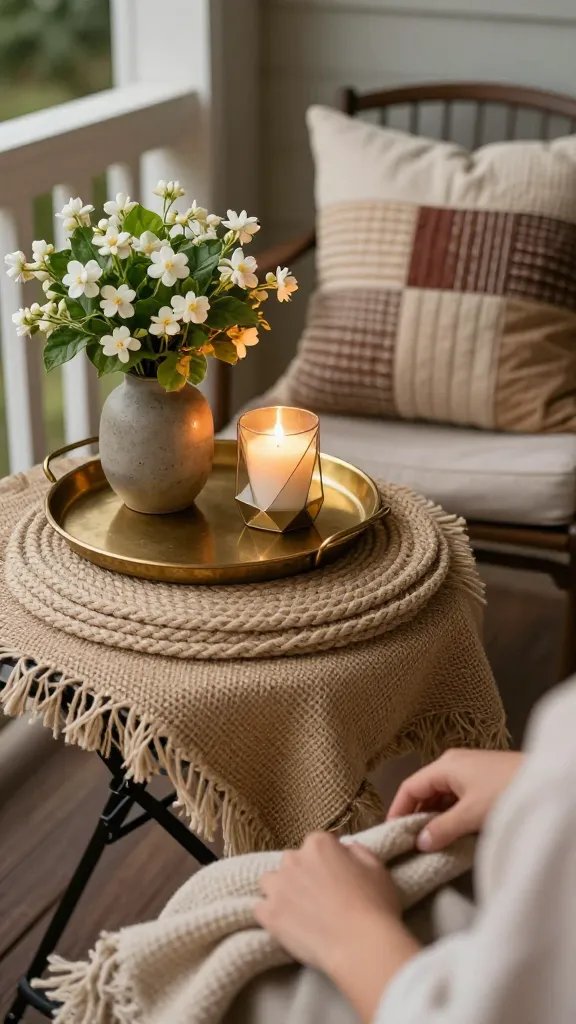 Boho vignette on a small porch table: a brass tray holding a vase of jasmine, a candle in a geometric holder, and a stack of coiled rope placemats; a burlap runner and a patchwork pillow sit on a nearby chair. Warm light from below camera level bathes the scene; a user-visible yet out-of-focus hand adjusts a throw blanket, ensuring the focus remains on the arrangement and palette of warm neutrals, metals, and natural fibers.