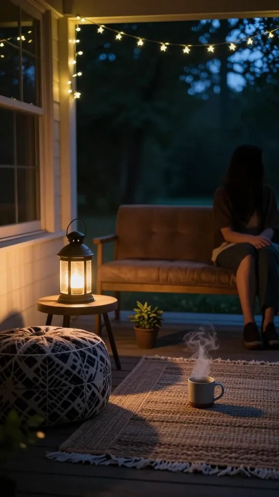 Twilight retreat: a porch night scene with a softly glowing lantern on a low stool, a patterned pouf, and a suede-wrapped bench. Fairy lights strung above create star-like points of light; a woven rug leads the eye toward a steaming mug and a small plant display. The composition centers on mood and atmosphere; a quiet, cropped silhouette of a woman sits just out of focus near the edge, her presence felt but not dominating.