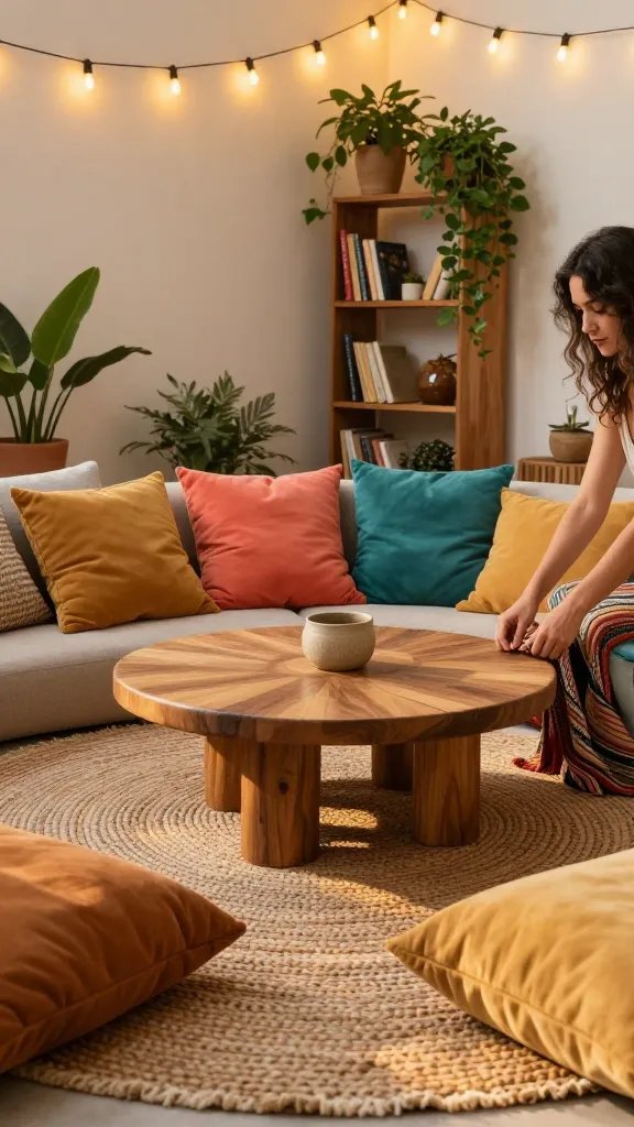 Color-forward seating cluster: a low, round carved-wood coffee table surrounded by a mismatched mix of cushions in amber, coral, teal, and ochre, a large woven rug anchoring the space, and a bookshelf-style plant stand with trailing greenery. Strings of warm lights glow softly above, and the scene is bathed in golden hour light; a 30-year-old woman’s hands adjust a throw at the back edge of the frame, ensuring the primary emphasis remains on the vibrant textures and cohesive boho palette.