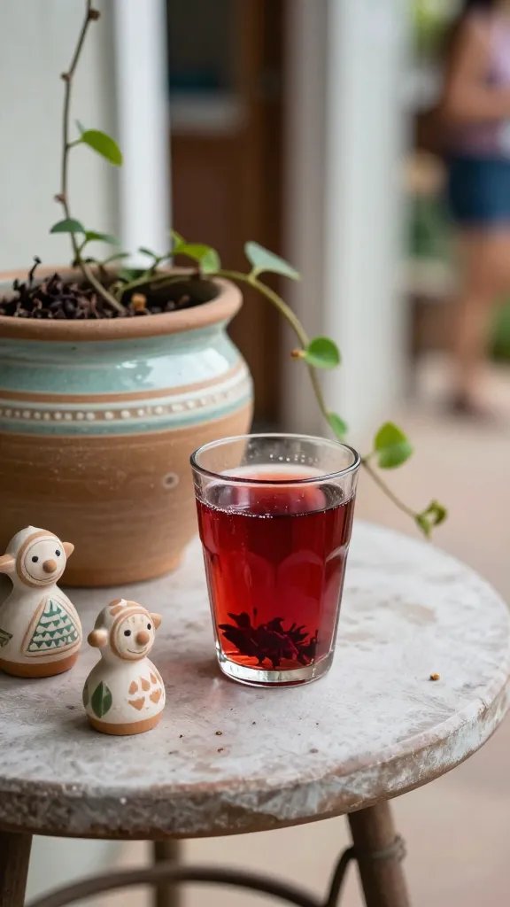 A close-up texture collage: hands folding a woven throw with a bold indigo and coral stripe, a stack of different textiles fanned across a wooden crate, a glass of hibiscus tea gleaming on a side table, and a ceramic pot with trailing vines in the background. The shot emphasizes fiber detail, stitchwork, and color harmony; a subtle, partially cropped figure is present in the distance to imply connection without becoming the subject.